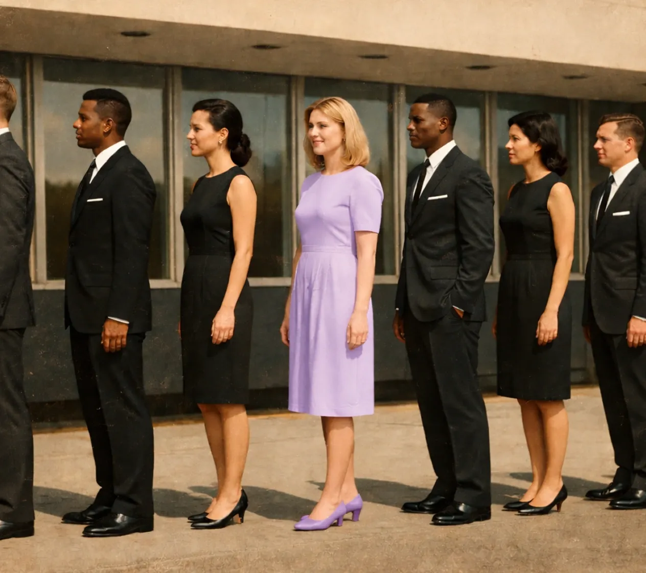 People in black suits and woman in lilac dress